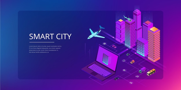 Izometrické moderní město. Koncept šablony webové stránky. Chytré město s chytrými službami a ikonami, internet věcí, sítě a koncept rozšířené reality.