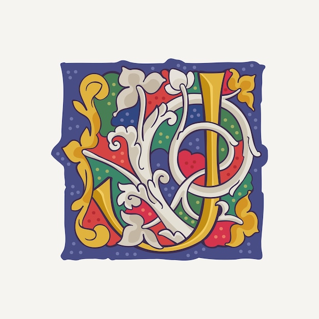 J letter drop cap logo with interlaced white vine and gilding calligraphy Renaissance initial