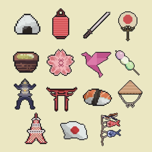 japanese object collection pixel art for dynamic digital projects and designs