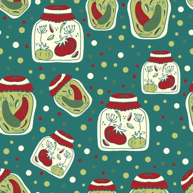 jars of pickles cucumbers tomatoes vintage retro pattern with texture in linocut style vector
