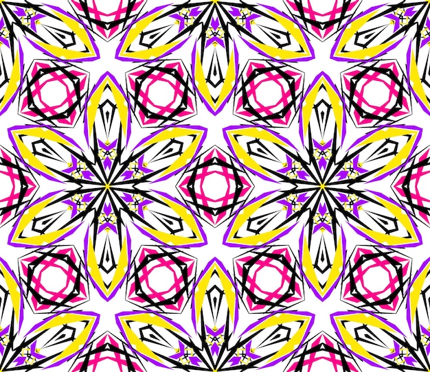 Kaleidoscope Flower Pattern Vibrant mandala geometric background Fashionable graphic print Fractal star flowers Neon colors psychedelic design Colorful geometric ornament Vector background