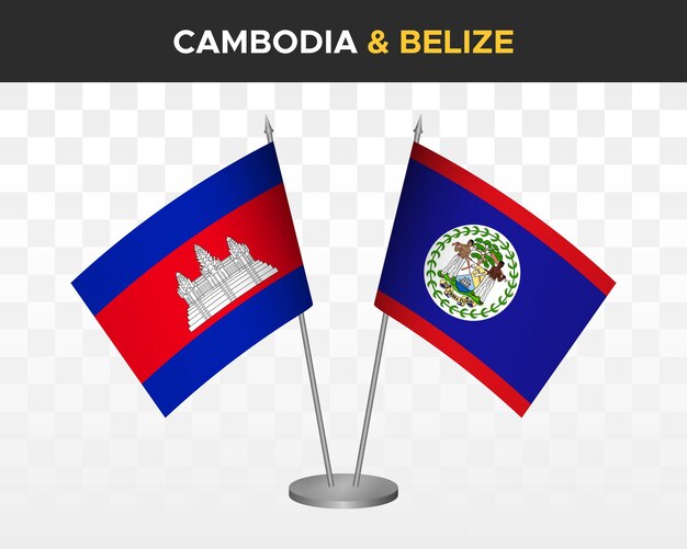 Kambodža vs Belize, maketa stolních vlajek, izolovaná 3D vektorová ilustrace