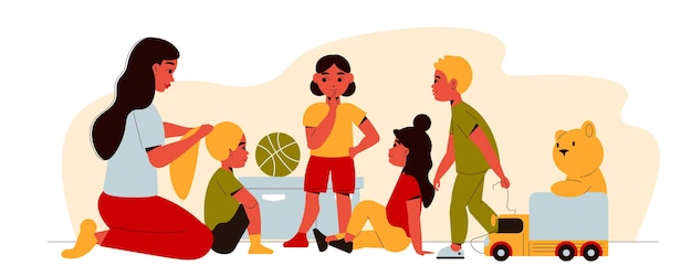 Kindergarten illustration with nanny tying girls hair into braid with children and toys