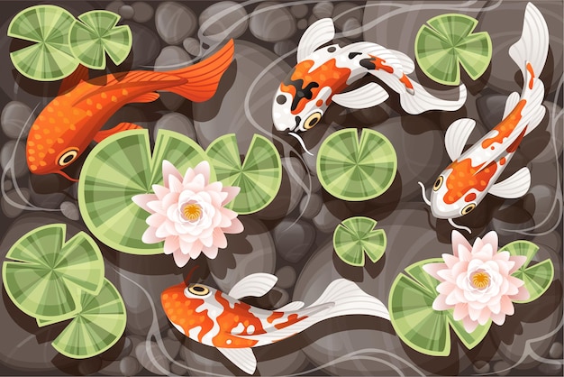 koi carp swimming in a pond with lily lotus with green leaves on transparent water and stone bottom flat vector illustration