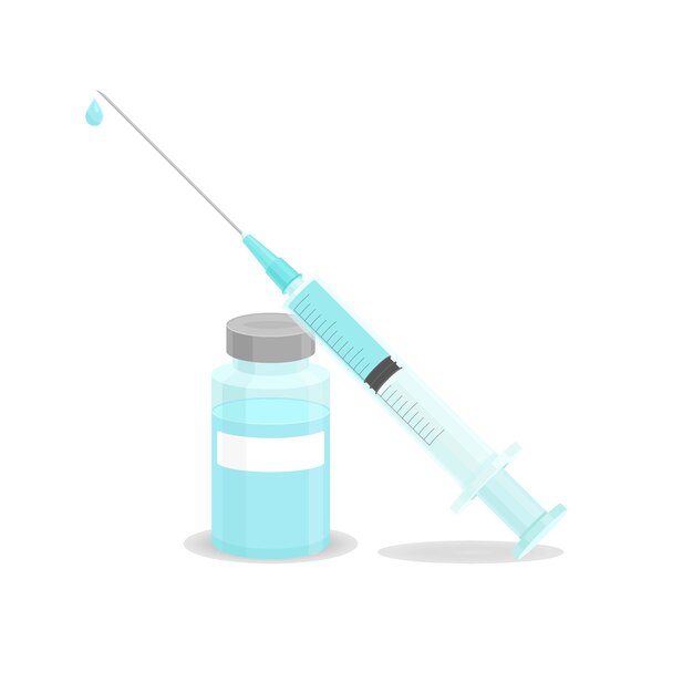 Koncept Covid-19 Coronavirus. Lahvička s vakcínou a injekční stříkačka. Izolovaná ikona. Plochá vektorová ilustrace