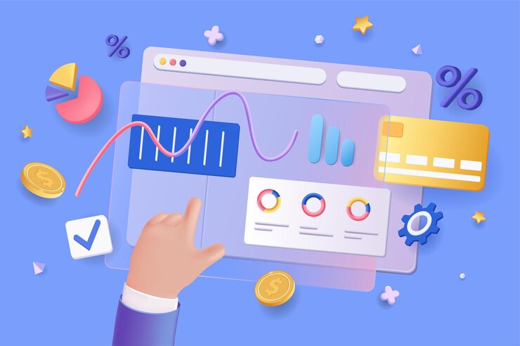 Vektor koncept finanční zprávy 3d ilustrace ikonová kompozice s řídicím panelem s datovými grafy diagramy grafy a kreditní kartou obchodní analýza účetnictví vektorová ilustrace pro moderní webový design