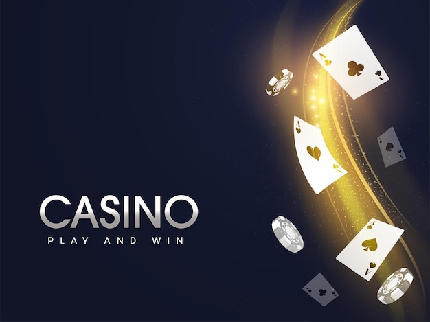 Koncept kasinové hry a výhry s létajícími esy, realistickými pokerovými žetony a vlnou zlatých částic na modrém pozadí.