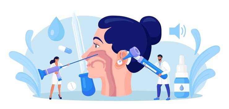 Vektor koncept otolaryngologie. orl lékař léčí nemoci uší, nosu, krku a šíje. otolaryngolog s lékařským nástrojem vyšetřuje pacienta. otoskopické vyšetření. nosohltan, dutiny, ušní zrcátka.