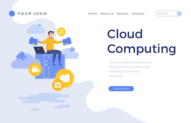 Landing page template cloud computing concept with office male character Modern flat design web page for website and mobile apps Vector illustration