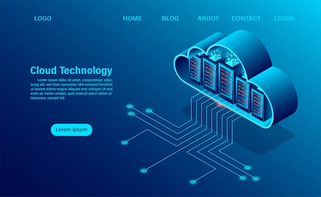 Landing page with Cloud Computing Concept. Online computing technology. Big data flow processing concept, 3d servers and datacenter. isometric flat design.
