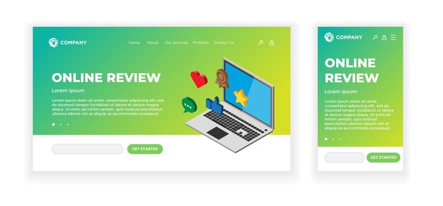 landing web page concept design template. online review theme. 3d laptop device with feedback rating signs - thumb up, heart, message, star. mobile app, ui, ux, site. vector illustration eps10