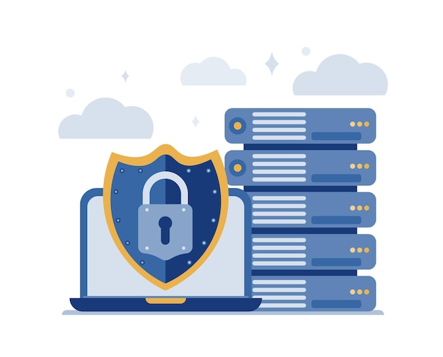 Laptop and server shield with lock symbolizing data protection Perfect vector graphics