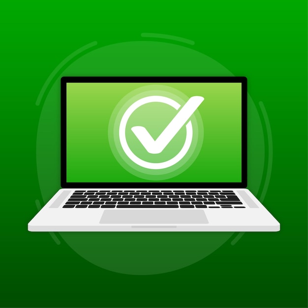 Laptop having approved tick notification successful operation check mark Laptop with checkmark notification