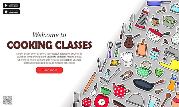 Layout of advertising banner with cartoon kitchenware and text - welcome to cooking courses