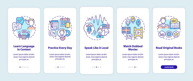 Learning language tips onboarding mobile app page screen with concepts