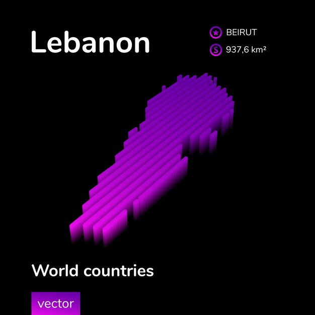 lebanon 3d map stylized neon simple digital isometric striped vector 3d lebanon map map of lebanon is in violet colors on black background