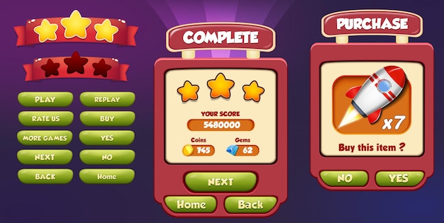 Level Complete and Purchase menu pop up screen with stars, loading bar and button