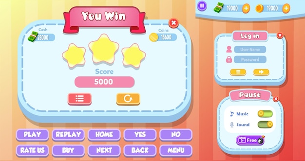 level complete, log in and pause menu pop with buttons