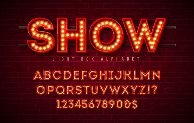 Light bulb alphabet with red frame box and shadow on vintage brick wall background glowing retro