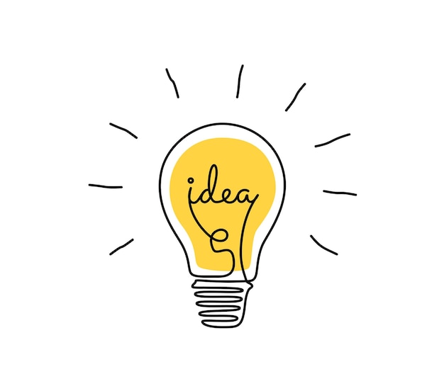 Light bulb with idea in one continuous line drawing Brainstorm symbol and creative mind concept in simple linear style Shining lamp with editable stroke Doodle Vector illustration