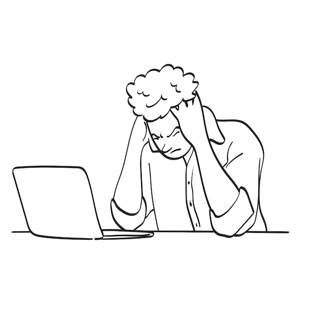 line art unhappy businessman working in the office with laptop computer illustration vector hand drawn isolated on white background