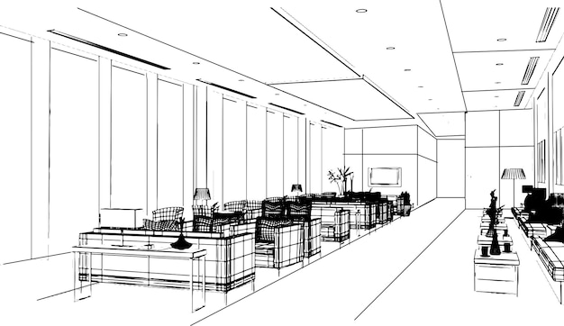 line drawing of the waiting area in the service station3d rendering