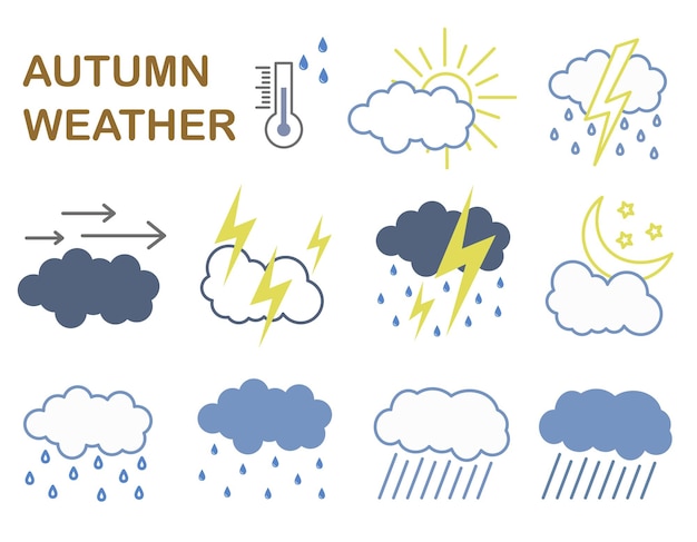 Linear set of colored icons of autumn weather conditions Minimal weather conditions