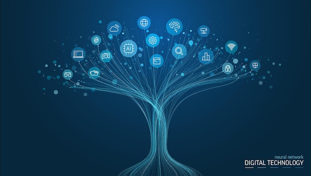 Linear vector illustration abstract AI powered growth tree with digital technology icons Neural network background Big data science cloud server concept Vector for modern business design