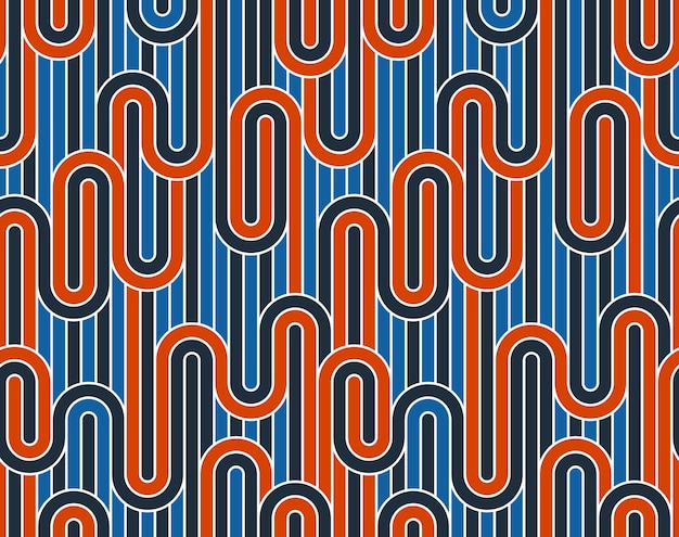 Lined seamless vector pattern with twisted lines, geometric abstract background, stripy net, optical maze, web network. Colorful design.