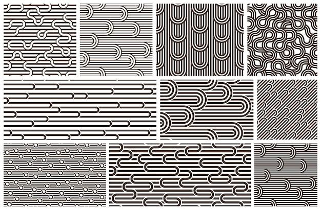lined seamless vector patterns with twisted lines, geometric abstract backgrounds set, stripy net, optical maze, web network.