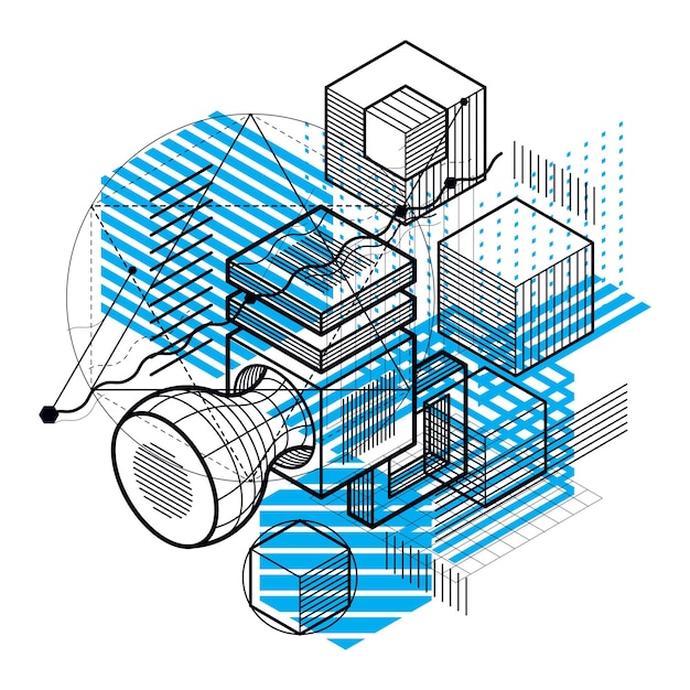 Lines and shapes abstract vector isometric 3d background. Layout of cubes, hexagons, squares, rectangles and different abstract elements.