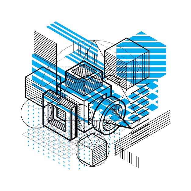 Lines and shapes abstract vector isometric 3d background. Layout of cubes, hexagons, squares, rectangles and different abstract elements.