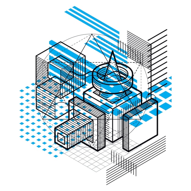 Lines and shapes abstract vector isometric 3d background. Layout of cubes, hexagons, squares, rectangles and different abstract elements.