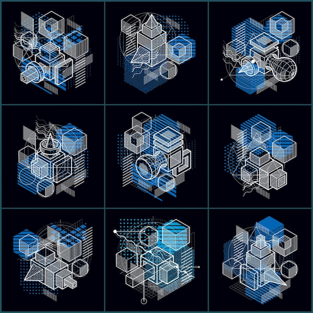 Lines and shapes abstract vector isometric 3d backgrounds. Layouts of cubes, hexagons, squares, rectangles and different abstract elements. Vector collection.