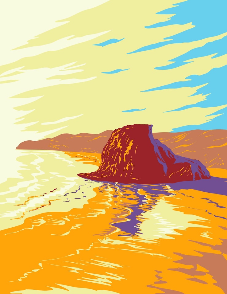Vektor lion rock na pláži piha v aucklandu na novém zélandu wpa poster art