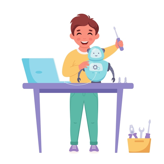 little boy creating a robot robotics programming and engineering for kids vector illustration