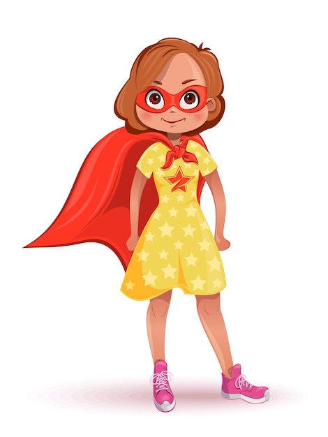 Little girl in superhero costume. Girl in a yellow dress with stars, a red mask and a red cloak. illustration