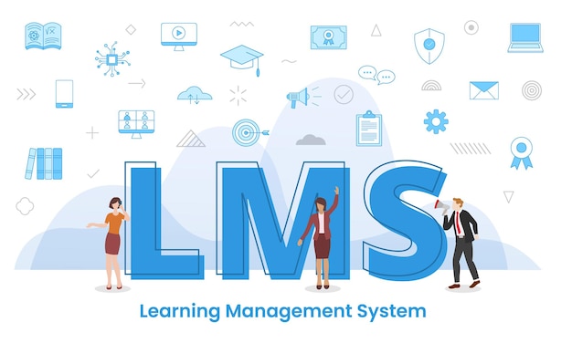 lms learning management system concept with big words and people surrounded by related icon