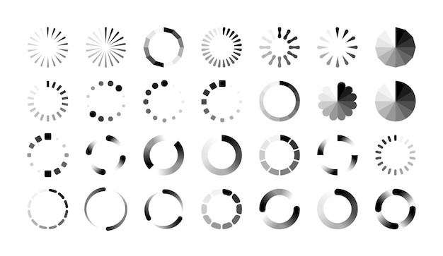 loader icons progress bar buffering and data transfer process sign black web marks on white background symbols of upload and download or reboot vector loading flat isolated set