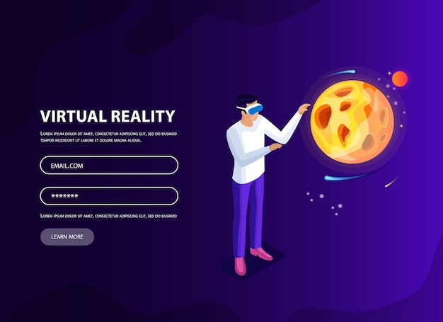Login form for web site isometric man woman in virtual reality glasses and space with planets