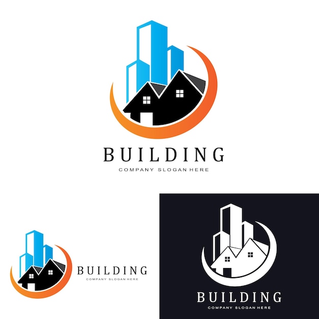 Logo ikony městské budovy, symbol domu, bytu, pohled na město