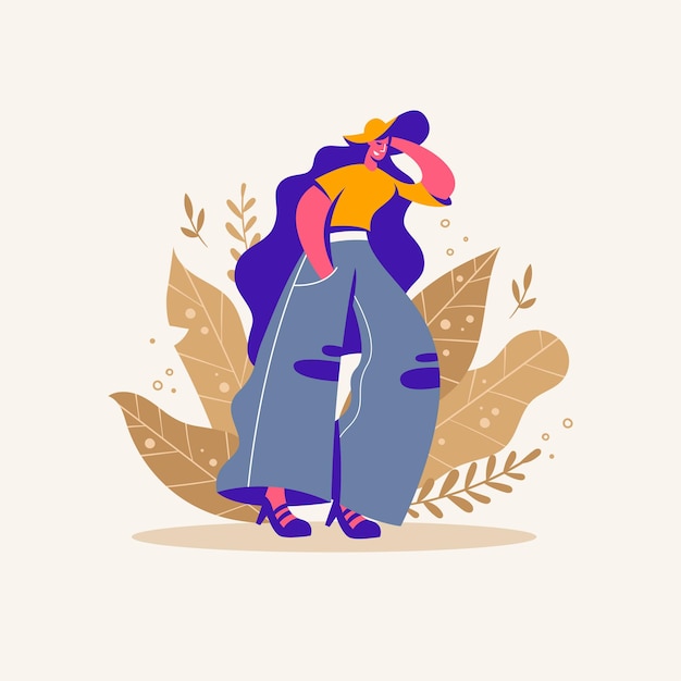 Long hair illustration in flat design simple style with female character