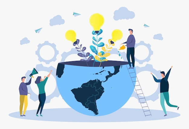 Look for a creative idea Metaphor of a successful business People grow the idea in the form of flowers and light bulbs from the hemisphere of the planet Colorful vector illustration