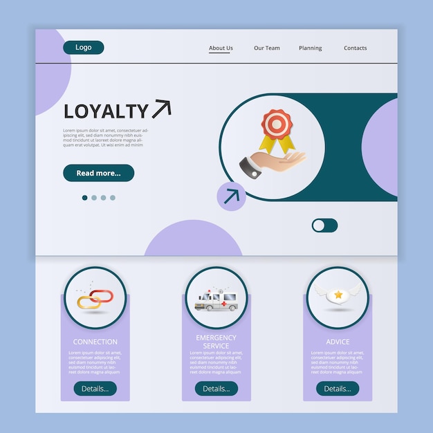 Loyalty flat landing page website template connection emergency service advice web banner with