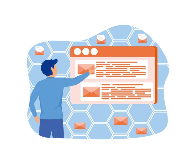 mail service concept man on browser screen checking mailbox online flat vector modern illustration
