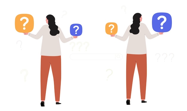 Make choice concept of thinking problems and solutions Standing woman analyzing chooses between two color options