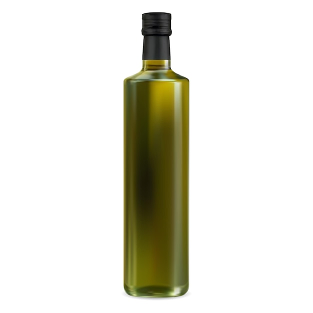 Maketa lahve olivového oleje. Extra panenský zelený olejový džbán. Potravinářský produkt, organická vegetariánská strava. Sklenice značky rostlinného oleje s černou korkovou zátkou. Skleněná láhev slunečnicového oleje
