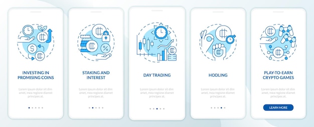 Making money on cryptocurrency blue onboarding mobile app screen