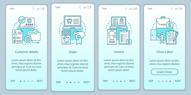 making sale onboarding mobile app page screen vector template. place an order walkthrough website steps. customer relationships. online shopping. e-commerce. ux, ui, gui smartphone interface concept