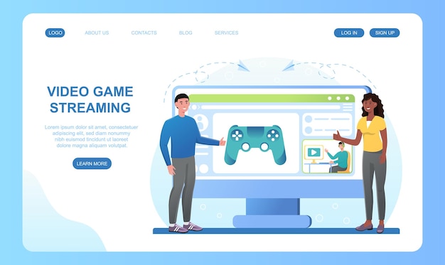 Male and female characters streaming video games friends standing near computer with blogger and